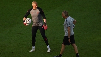 Euro 2020: Denmark's Kasper Schmeichel during training ahead of their Euro 2020 quarterfinal clash against Czech Republic.. (REUTERS)