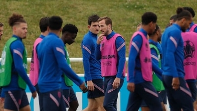 England's Harry Kane with teammates during training. (REUTERS)