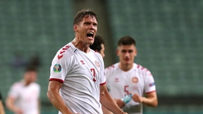 Soccer Football - Euro 2020 - Quarter Final - Czech Republic v Denmark - Baku Olympic Stadium, Baku, Azerbaijan - July 3, 2021 Denmark's Jannik Vestergaard celebrates after the match Pool via REUTERS/Tolga Bozoglu (Pool via REUTERS)