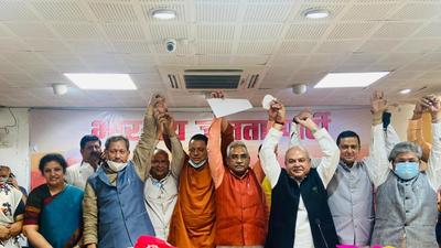 Dhami with other party leaders in Uttarakhand. (HT photo) Dhami with other party leaders in Uttarakhand. (HT photo)