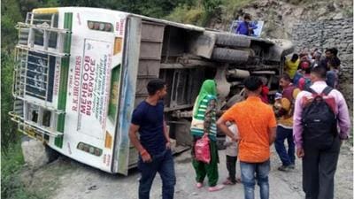 Rescue operations going on at the accident site in Chamba on Saturday. (HT PHOTO)
