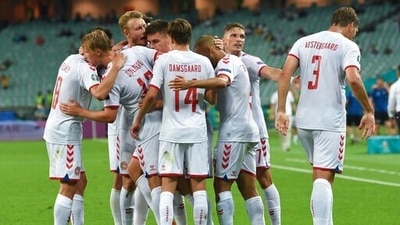 Denmark's Kasper Dolberg, second from left, celebrates after scoring his side's 2nd goal during the Euro 2020 soccer championship quarterfinal match between Czech Republic and Denmark, at the Olympic stadium in Baku, Saturday, July 3, 2021. (Ozan Kose, Pool via AP) (AP) Denmark's Kasper Dolberg, second from left, celebrates after scoring his side's 2nd goal during the Euro 2020 soccer championship quarterfinal match between Czech Republic and Denmark, at the Olympic stadium in Baku, Saturday, July 3, 2021. (Ozan Kose, Pool via AP) (AP)