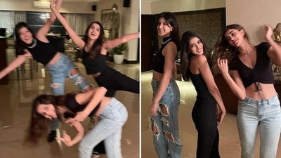 Ananya Panday, Navya Naveli Nanda and Shanaya Kapoor strike goofy poses together.