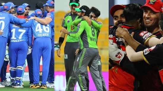 From Left: Delhi Capitals, Lahore Qalandars and Royal Challengers Bangalore. (Twitter) From Left: Delhi Capitals, Lahore Qalandars and Royal Challengers Bangalore. (Twitter)