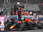 Formula One F1- Red Bull's Max Verstappen celebrates winning the race.
