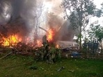 The military aircraft was seen on fire after it crashed in Patikul, Sulu, on Sunday. Initial reports said that at least 40 passengers have been rescued.(Photo via Pondohan TV / Facebook) The military aircraft was seen on fire after it crashed in Patikul, Sulu, on Sunday. Initial reports said that at least 40 passengers have been rescued.(Photo via Pondohan TV / Facebook)