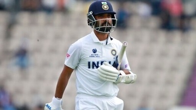 India's Ajinkya Rahane reacts as he walks off the field after losing his wicket during the sixth day of the World Test Championship final. between New Zealand and India. (AP) India's Ajinkya Rahane reacts as he walks off the field after losing his wicket during the sixth day of the World Test Championship final. between New Zealand and India. (AP)