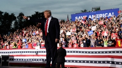 Former US President Donald Trump walks on stage during a rally at the Sarasota Fairgrounds Saturday, July 3, 2021, in Sarasota, Fla. (AP Photo/Jason Behnken) Former US President Donald Trump walks on stage during a rally at the Sarasota Fairgrounds Saturday, July 3, 2021, in Sarasota, Fla. (AP Photo/Jason Behnken)