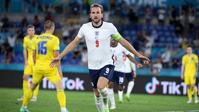 England's Harry Kane celebrates after scoring his side's third goal during the Euro 2020 soccer championship quarterfinal match. (AP)