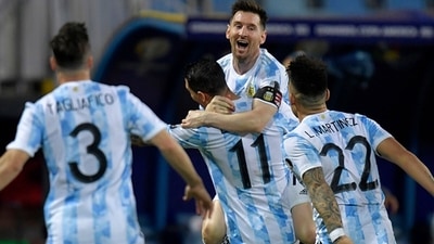 Lionel Messi of Argentina celebrates with teammates after scoring the third goal of his team. (Getty Images) Lionel Messi of Argentina celebrates with teammates after scoring the third goal of his team. (Getty Images)