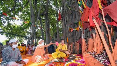 Uttar Pradesh chief minister Yogi Adityanath participating in rituals during Van Mahotsav in Sultanpur. (PTI Photo) Uttar Pradesh chief minister Yogi Adityanath participating in rituals during Van Mahotsav in Sultanpur. (PTI Photo)