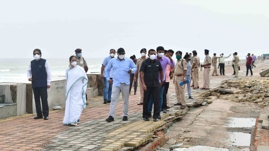 West Bengal chief minister Mamata Banerjee takes stock of the damage caused by Cyclone Yaas, in Digha on May 28. (File photo)