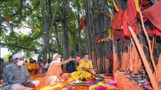 Uttar Pradesh chief minister Yogi Adityanath participating in rituals during Van Mahotsav in Sultanpur. (PTI Photo)
