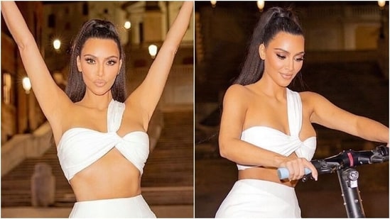 Kim Kardashian pairs white bralette with mini skirt for a night out in Rome