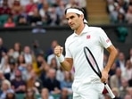 Switzerland's Roger Federer celebrates winning the first set against Italy's Lorenzo Sonego during the men's singles fourth round match on day seven of the Wimbledon. Switzerland's Roger Federer celebrates winning the first set against Italy's Lorenzo Sonego during the men's singles fourth round match on day seven of the Wimbledon.