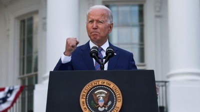 US President Joe Biden delivers remarks at the White House at a celebration of Independence Day in Washington. (REUTERS)