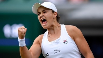 Wimbledon -  Australia's Ashleigh Barty celebrates winning her fourth-round match against Czech Republic's Barbora Krejcikova. (REUTERS)