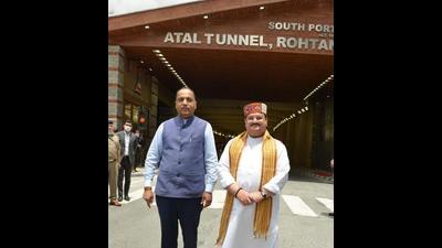 Himachal chief minister Jai Ram Thakur and BJP national president JP Nadda at Atal Tunnel in Himachal Pradesh on Monday. (Aqil Khan/HT)