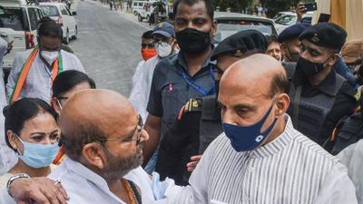 Defence minister Rajnath Singh arrives at Harihar Dham in Kanpur on Monday. (PTI PHOTO)