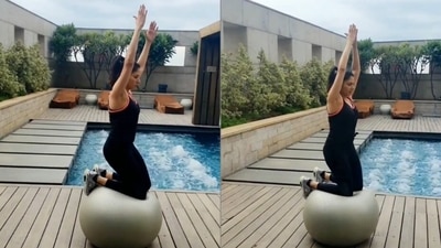 Bhagyashree makes jaws drop by kneeling on a Yoga ball, exercises entire core (Instagram/bhagyashree.online)
