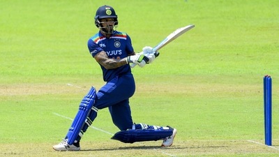 India skipper Shikhar Dhawan was in action with the bat during Team India's intra-squad match in Colombo. (BCCI/TWITTER) India skipper Shikhar Dhawan was in action with the bat during Team India's intra-squad match in Colombo. (BCCI/TWITTER)