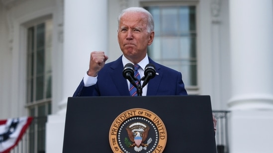 US President Joe Biden delivers remarks at the White House at a celebration of Independence Day in Washington.(REUTERS)