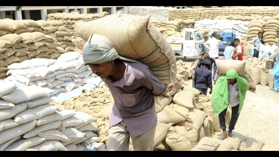 workers stacking bags of wheat at an open godown in Patiala. (HT FILE) workers stacking bags of wheat at an open godown in Patiala. (HT FILE)
