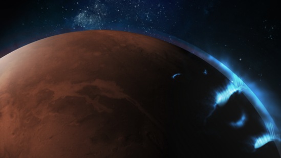 An artist’s impression of how Mars’ discrete aurora might be viewed from different views including the surface of Mars(UAE Space Agency)