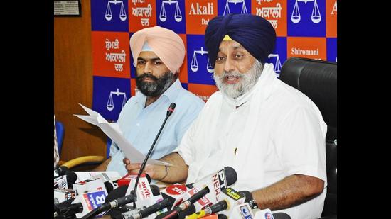 Shiromani Akali Dal president Sukhbir Singh Badal addressing a press conference in Chandigarh on Monday.