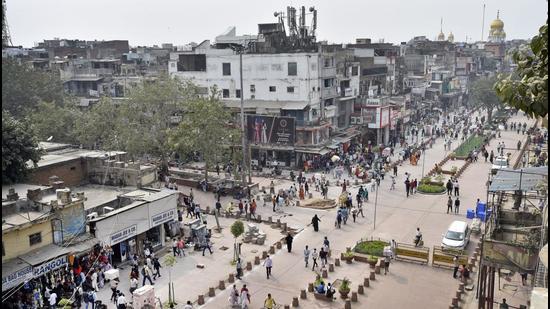 An overview of the Chandni Chowk redevelopment project site, in Delhi. (Ajay Aggarwal /HT Archive)