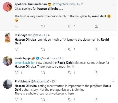 Some tweets comparing Haseen Dillruba to Roald Dahl's Lamb to the Slaughter.