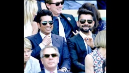 The image shows Sachin Tendulkar and Virat Kohli at a Wimbledon match.