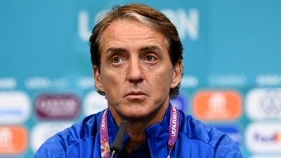Italy coach Roberto Mancini during the press conference ahead of Euro 2020 semi-final against Spain (Handout via REUTERS)