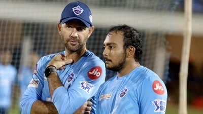 DC head coach Ricky Ponting with Prithvi Shaw. (Delhi Capitals) DC head coach Ricky Ponting with Prithvi Shaw. (Delhi Capitals)