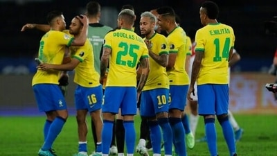Brazil's teammates celebrate their team's 1-0 victory over Peru during Copa America semifinal (AP) Brazil's teammates celebrate their team's 1-0 victory over Peru during Copa America semifinal (AP)