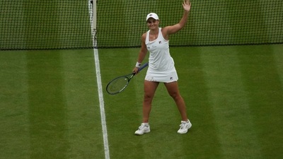 Australia's Ashleigh Barty celebrates after defeating compatriot Ajla Tomljanovic during the women's singles quarterfinals match on day eight of the Wimbledon. (AP) Australia's Ashleigh Barty celebrates after defeating compatriot Ajla Tomljanovic during the women's singles quarterfinals match on day eight of the Wimbledon. (AP)