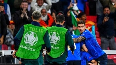 Italy players celebrate after scoring the opening goal during the Euro 2020 soccer championship semifinal match between Italy and Spain at Wembley stadium in London, England, Tuesday, July 6, 2021. (Justin Tallis/Pool Photo via AP) (AP) Italy players celebrate after scoring the opening goal during the Euro 2020 soccer championship semifinal match between Italy and Spain at Wembley stadium in London, England, Tuesday, July 6, 2021. (Justin Tallis/Pool Photo via AP) (AP)