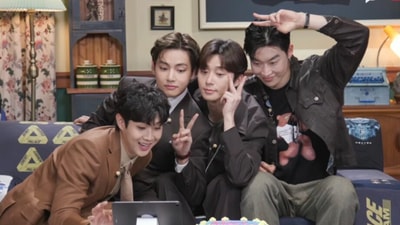BTS V reunites with his Wooga Squad members Park Seo-joon, Choi Woo-shik, Peakboy and Park Hyung-sik. (BTSChartDaily/Twitter)