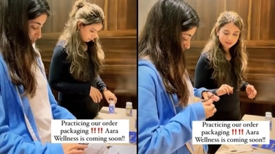 Navya Naveli Nanda and Mallika Sahney package orders for their healthcare platform. Navya Naveli Nanda and Mallika Sahney package orders for their healthcare platform.