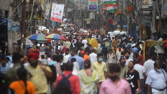 A rush of people at Sadar Bazar market in New Delhi, India, on Tuesday, July 6, 2021. (Photo by Amal KS/ Hindustan Times) A rush of people at Sadar Bazar market in New Delhi, India, on Tuesday, July 6, 2021. (Photo by Amal KS/ Hindustan Times)