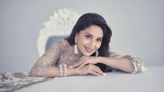 Madhuri Dixit looks regal in exquisite Rs 5 lakh chiffon chikankari lehenga.  Gorgeous pics - India Today