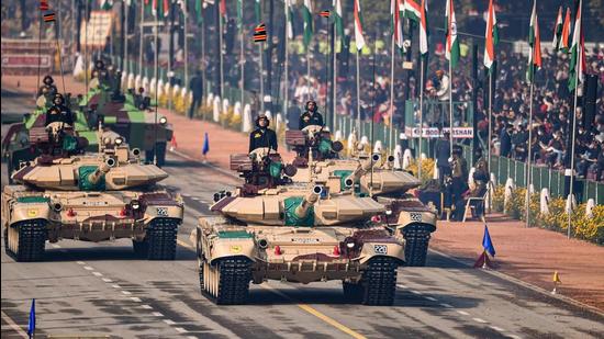 Indian armed forces T-90 tanks pass Rajpath, during the 72nd Republic Day celebrations in New Delhi on January 26, 2021. (PTI)