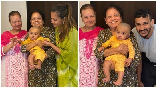 Anita Hassanandani, Rohit Reddy with their son Aaravv Reddy and the couple's mothers--Kavita Hassanandani and Sarama Reddy.