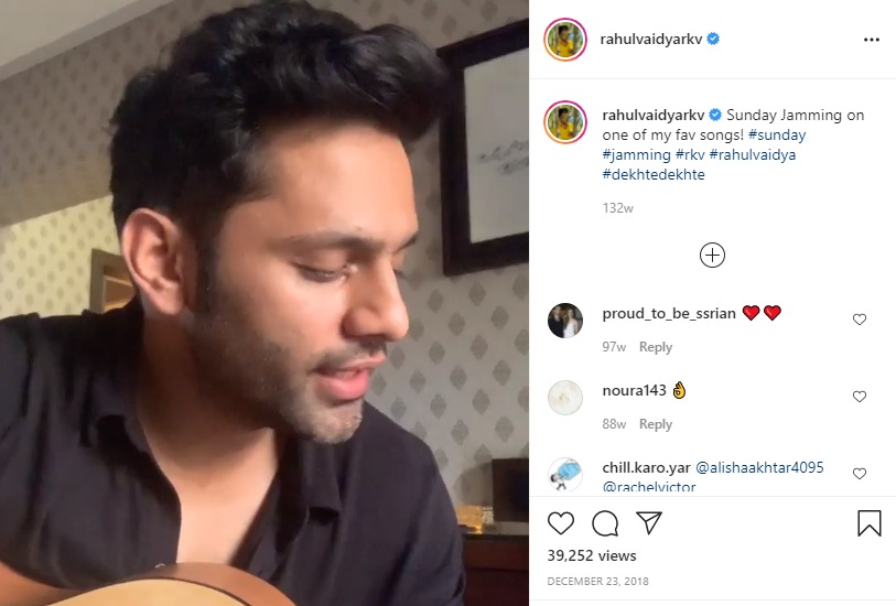 Rahul Vaidya plays the guitar in his house.