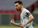 Argentina's Lionel Messi celebrates after scoring a penalty during the Copa America semi-final shootout against Colombia