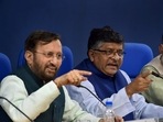 Former Union Ministers Ravi Shankar Prasad, Prakash Javadekar and Santosh Gangwar address a press briefing on cabinet decisions, in New Delhi. (PTI) Former Union Ministers Ravi Shankar Prasad, Prakash Javadekar and Santosh Gangwar address a press briefing on cabinet decisions, in New Delhi. (PTI)