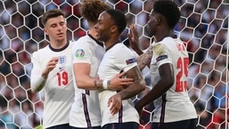 England's Raheem Sterling, second right, celebrates after scoring his side's opening goal during the Euro 2020 soccer semifinal match between England and Denmark at Wembley stadium in London, Wednesday, July 7, 2021. (Laurence Griffiths/Pool Photo via AP)(AP)