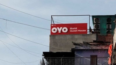 The logo of OYO, India's largest and fastest-growing hotel chain, is seen installed on a hotel building in New Delhi, India, (Reuters)