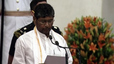 Pashupati Kumar Paras takes the oath as minister during the swearing-in ceremony as part of Union Cabinet expansion, at Rashtrapati Bhawan in New Delhi on Wednesday. (ANI Photo) Pashupati Kumar Paras takes the oath as minister during the swearing-in ceremony as part of Union Cabinet expansion, at Rashtrapati Bhawan in New Delhi on Wednesday. (ANI Photo)