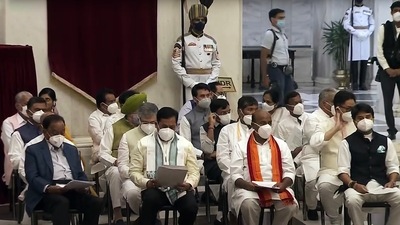 Jyotiraditya Scindia, Sarbananda Sonowal, Pashupati Kumar Paras, Bhupender Yadav, Anupriya Patel, Shobha Karandlaje, Meenakshi Lekhi, Anurag Thakur, who will be taking oath as part of Union Cabinet expansion, at Rashtrapati Bhawan in New Delhi on Wednesday. (ANI Photo)